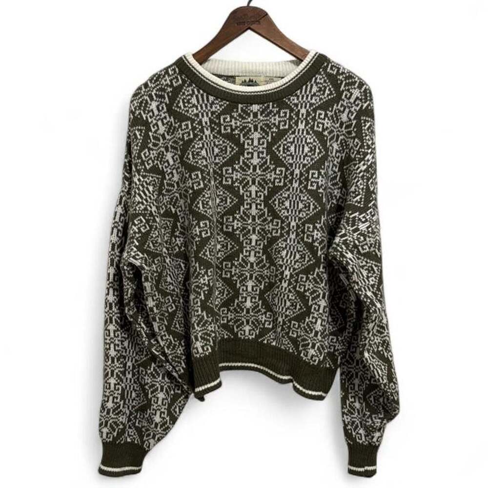 Vintage Timber Trail Geometric Knit Sweater XXL Green White 90s